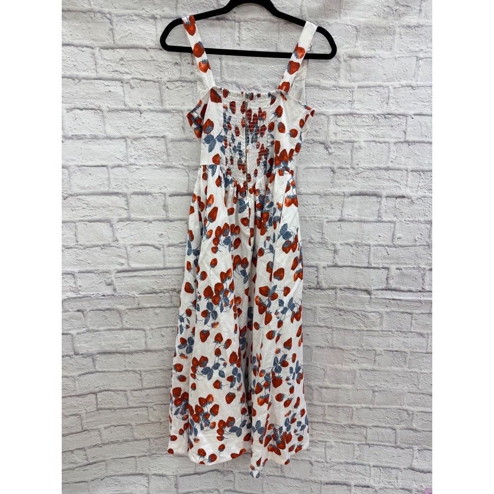 Reformation Balia Linen Strawberry Print Basque Waist Midi Dress White Red Sz 2 - Picture 15 of 16